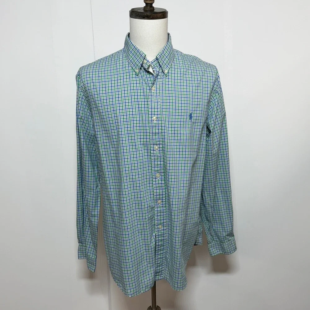Polo Ralph Lauren Shirt Mens XL Green Blue‎ Gingham Plaid Long Sleeve Stretch